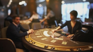 female dealer in casino dealing cards to male