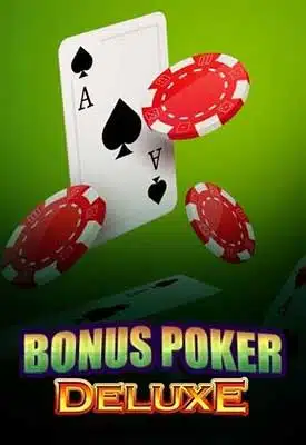 Ace of spades falling with casino chips, with bonus poker deluxe text