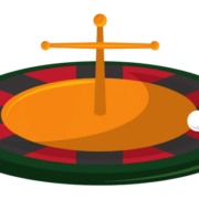 a golden roulette table with red and black trimmings, rolling a white ball.
