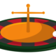a golden roulette table with red and black trimmings, rolling a white ball.