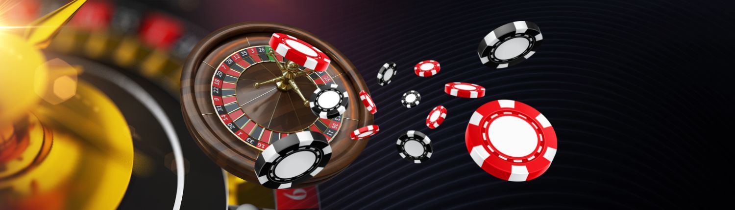 Roulette wheel with casino chips flying through the air.