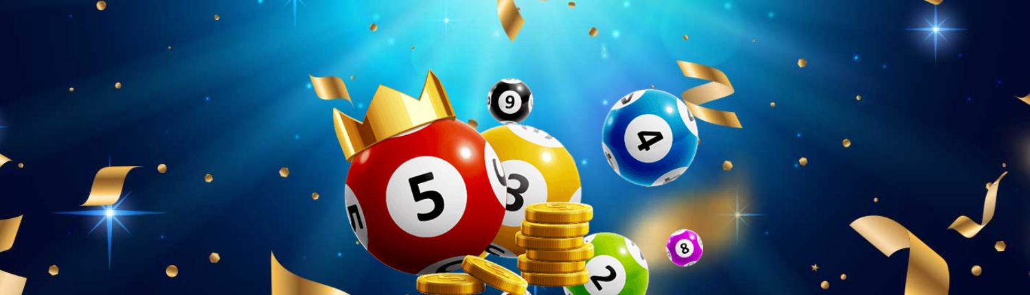 Keno balls and stacked gold coins with blue stary background